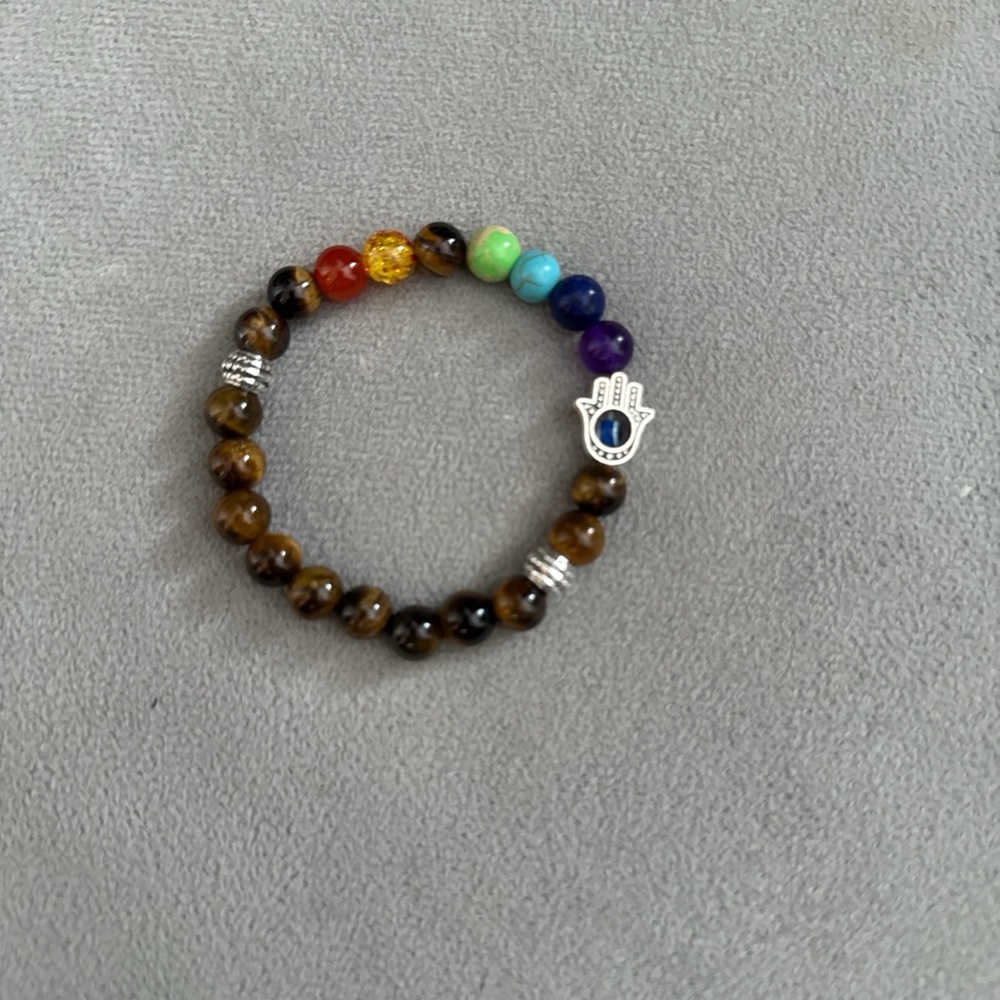 Tiger Eye and Multicolor Beaded Bracelet with Silver Hamsa Charm